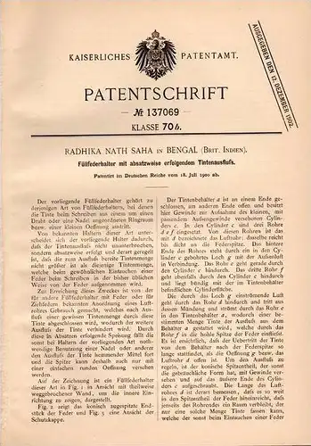 Original Patentschrift - R. Nath Saha in Bengal , Brit. Indien , 1900 , Füllfederhalter , Füller mit Tintenausstoß !!!