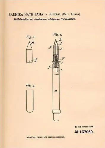 Original Patentschrift - R. Nath Saha in Bengal , Brit. Indien , 1900 , Füllfederhalter , Füller mit Tintenausstoß !!!