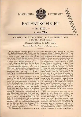 Original Patentschrift - Ch. Lane in Bermondsey , England , 1902 , Abzug für Gewehr , pistol !!!