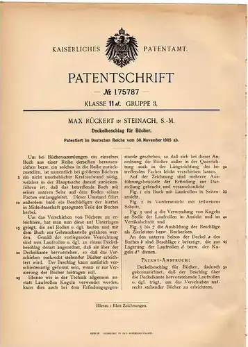 Original Patentschrift - Max Rückert in Steinach S.-M., 1905 , Deckelbeschlag für Bücher , Beschlag !!!