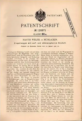 Original Patentschrift - M. Welzel in Mühlacker , 1900 , Ziegelwagen für Ziegelsteine , Ziegelei !!!