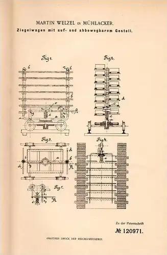 Original Patentschrift - M. Welzel in Mühlacker , 1900 , Ziegelwagen für Ziegelsteine , Ziegelei !!!