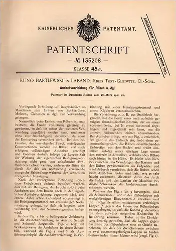 Original Patentschrift - K. Bartlewski in Laband , Kreis Tost - Gleiwitz , 1901 , Ausheber für Rüben , Zuckerrüben !!!