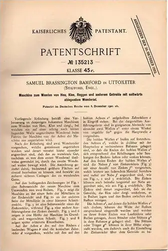 Original Patentschrift - S. Bamford in Uttoxeter , England , 1901 , Maschine für Heu , Klee und Getreide , Heuwender !!!