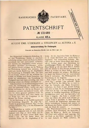 Original Patentschrift -A. Lüdemann in Stellingen b. Altona a.E.,1901,Anhauapparat für Angeln , Fisch , Angler , Hamburg