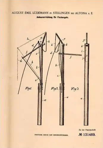 Original Patentschrift -A. Lüdemann in Stellingen b. Altona a.E.,1901,Anhauapparat für Angeln , Fisch , Angler , Hamburg