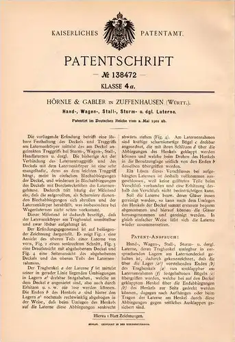 Original Patentschrift - Hörnle & Gabler in Zuffenhausen , Württ., 1902, Laterne für Wagen , Stall und Sturm , Stuttgart