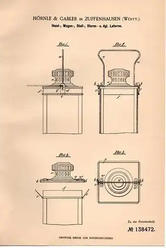 Original Patentschrift - Hörnle & Gabler in Zuffenhausen , Württ., 1902, Laterne für Wagen , Stall und Sturm , Stuttgart