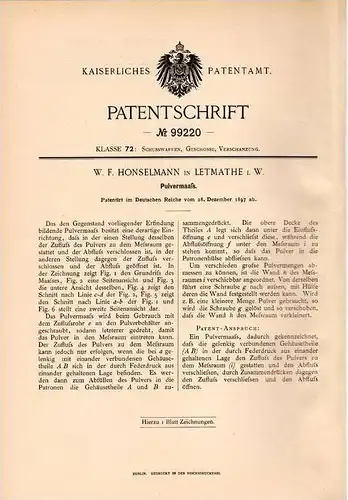 Original Patentschrift - W. Honselmann in Letmathe i.W., 1897 , Pulvermaaß , Pulver , Munition !!!