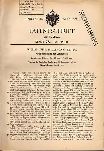 Original Patentschrift - W. Weir in Cathcart , scotland , 1905 , Drive motor for air pump , compressor !!!