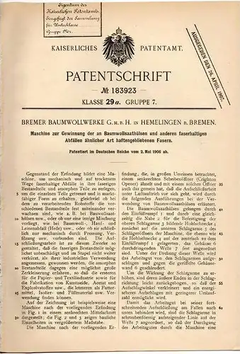 Original Patentschrift - Baumwollwerke GmbH in Hemelingen b. Bremen , 1906 , Maschine zur Fasergewinnung , Baumwolle !!!