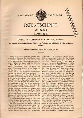 Original Patentschrift - G. Beschmann in Schlawe / Slawno , Pommern , 1901 , Billardtisch selbstkassierend , Billard !!!