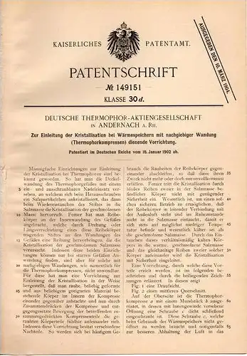 Original Patentschrift - Deutsche Thermophor AG in Andernach a. Rh., 1902 , Kristallisation bei Wärmespeichern !!!