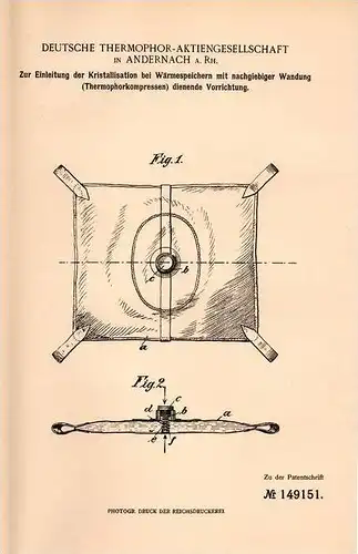 Original Patentschrift - Deutsche Thermophor AG in Andernach a. Rh., 1902 , Kristallisation bei Wärmespeichern !!!