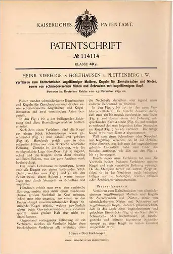 Original Patentschrift - H. Vieregge in Holthausen b. Plettenberg i.W. , 1899 , Verfahren zum Kaltschmieden , Schmied !!