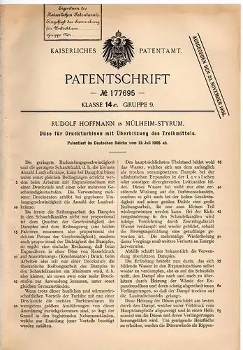 Original Patentschrift - R. Hoffmann in Mülheim - Styrum , 1905 , Düse für Druckturbinen , Turbine !!!