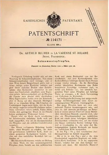 Original Patentschrift - Dr. A. Blumer in La Varenne St. Hilaire , Seine ,1900 , Korken für Wein , Saint Maur des Fossés