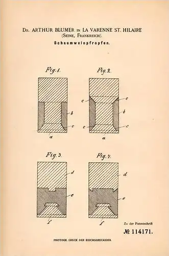 Original Patentschrift - Dr. A. Blumer in La Varenne St. Hilaire , Seine ,1900 , Korken für Wein , Saint Maur des Fossés