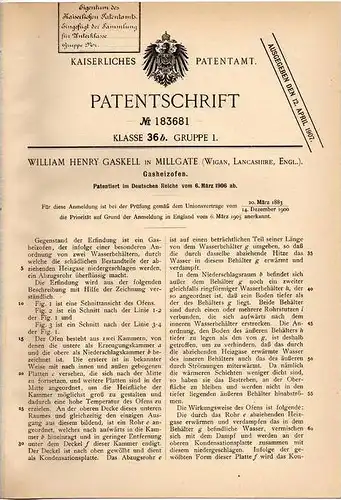 Original Patentschrift - W. Gaskell in Millgate , Wigan , 1906 , Gasheizofen , Heizung , Ofen !!!