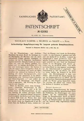 Original Patentschrift - N. Schenk in Selbeck b. Saarn a.d. Ruhr , 1891 , Absperrung für Dampfmaschinen , Mülheim