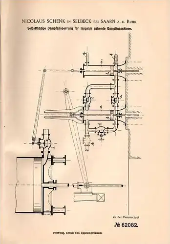 Original Patentschrift - N. Schenk in Selbeck b. Saarn a.d. Ruhr , 1891 , Absperrung für Dampfmaschinen , Mülheim