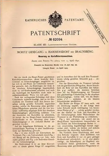 Original Patentschrift - M. Liesegang in Hammersdorf b. Braunsberg , 1891 , Kartoffel - Erntemaschine , Agrar , Gronowo