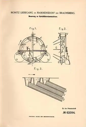 Original Patentschrift - M. Liesegang in Hammersdorf b. Braunsberg , 1891 , Kartoffel - Erntemaschine , Agrar , Gronowo
