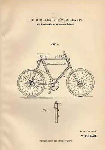 Original Patentschrift - F. Jurgschat in Königsberg i.Pr. , 1899 , schwimmendes Fahrrad  !!!