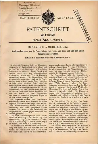 Original Patentschrift - H. Zinck in Mühlberg i. Th., 1904 , Munitionsfahrzeug mit Panzerschutz , Panzer , Artillerie !!