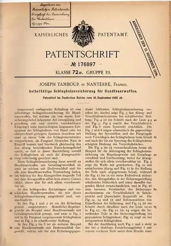 Original Patentschrift - J. Tambour in Nanterre , 1905 , Schlagbolzen - Sicherung für Pistole , Gewehr , Feuerwaffe !!!