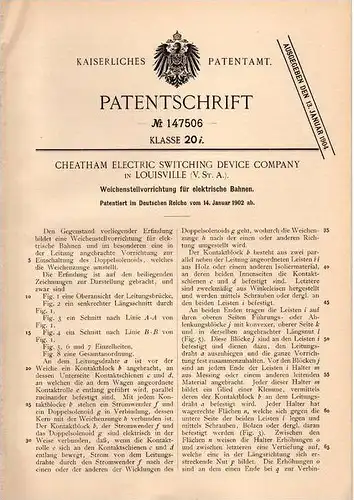 Original Patentschrift - Cheatham Electric Switching Device Comp. in Louisville , 1902 , Weichensteller für Eisenbahn !!