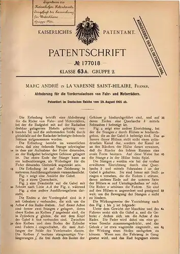 Original Patentschrift - M. Andrié in La Varenne Saint - Hilaire , 1905 , Federung für Motorrad , Federgabel !!!
