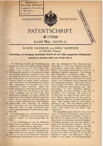 Original Patentschrift - Erzeugung von Leuchtreklame , 1905 , E. Vacheron in Tours , Reklame !!!