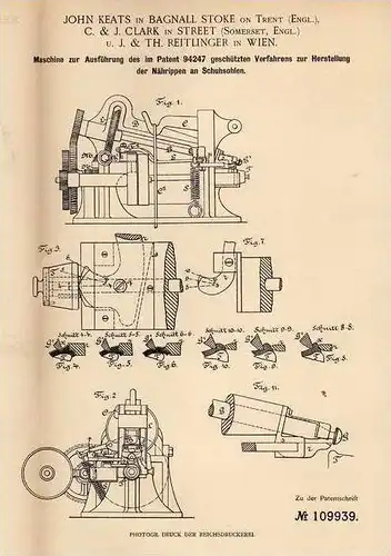 Original Patentschrift - J. Keats in Bagnall Stoke on Trent und Street , Somerset , 1899, Maschine für Schuhe , Schuster