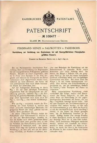 Original Patentschrift - F. Henze in Salzkotten b. Paderborn , 1899 , Explosionsverhütung bei feuergefährlichen Fässern