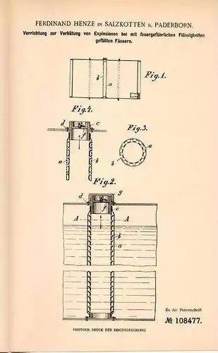 Original Patentschrift - F. Henze in Salzkotten b. Paderborn , 1899 , Explosionsverhütung bei feuergefährlichen Fässern