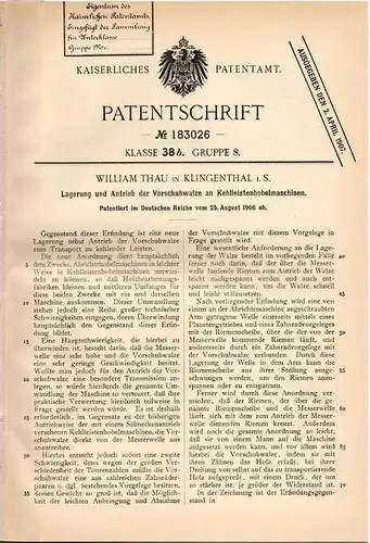 Original Patentschrift - W. Thau in Klingenthal i.Sa., 1906 , Hobelmaschine , Hobel , Kehlleisten , Tischlerei !!!