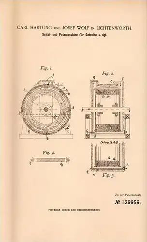 Original Patentschrift - J. Wolf in Lichtenwörth , 1901 , Schäl- und Putzmaschine für Getreide , Weizen , Gerste , Hafer