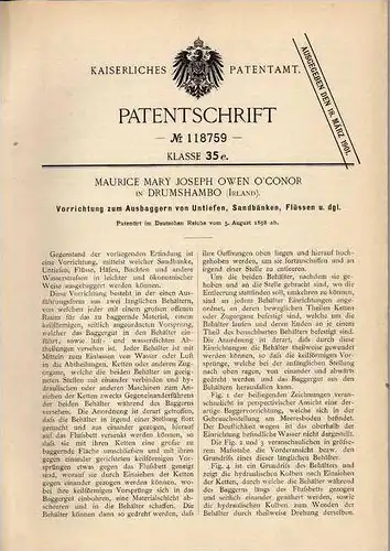 Original Patentschrift - M. O`Conor in Drumshanbo ,1898 , Excavators for rivers, sand bars, shoals, harbor , Irland !!!