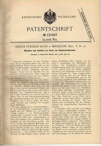 Original Patentschrift - Ledermaschine für Schuhe , 1901, G. Dunn in Brockton , Schuster , Sattler !!!