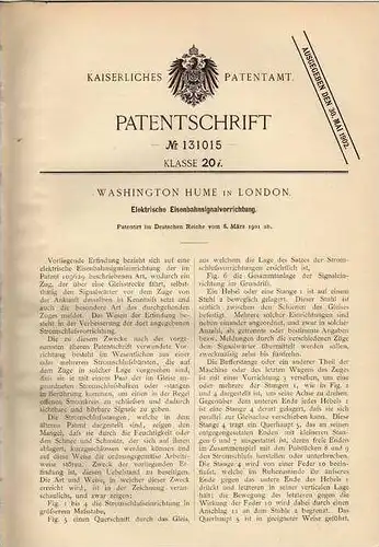 Original Patentschrift - Eisenbahn Signalvorrichtung , 1901 , Washington Hume in London !!!