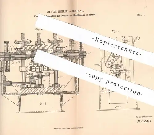 original Patent - Victor Müller , Breslau / Polen , 1892 , Prägemaschine zum Pressen von Metallkörper | Prägen , Formen