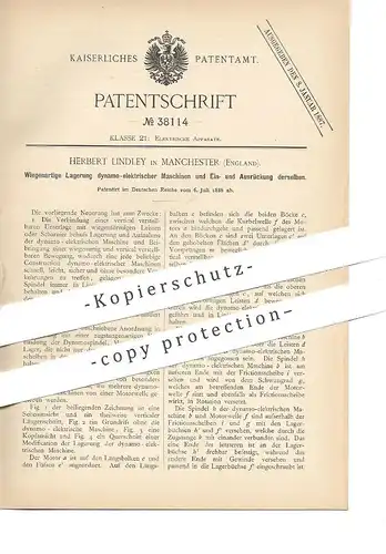 original Patent - Herbert Lindley , Manchester , England , 1886 | Lagerung dynamo - elektrischer Maschinen | Motor !!