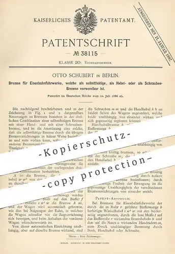original Patent - Otto Schubert , Berlin , 1886 , Bremse für Eisenbahnfuhrwerk | Eisenbahn , Lok , Bremsen , Bahn !!