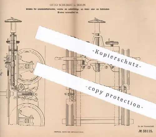 original Patent - Otto Schubert , Berlin , 1886 , Bremse für Eisenbahnfuhrwerk | Eisenbahn , Lok , Bremsen , Bahn !!
