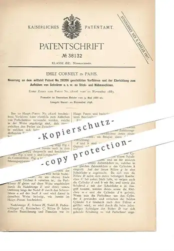 original Patent - Emile Cornely , Paris , Frankreich , 1886 , Aufnähen von Schnüren mit Stickmaschine u. Nähmaschine !!