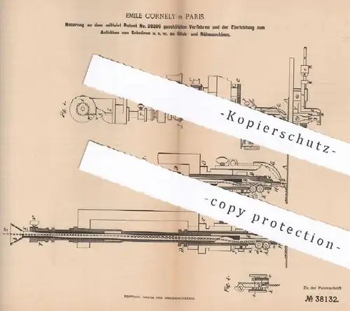 original Patent - Emile Cornely , Paris , Frankreich , 1886 , Aufnähen von Schnüren mit Stickmaschine u. Nähmaschine !!