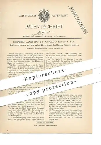 original Patent - Frederick James Hoyt , Chicago , Illinois , USA , 1886 , Schienenkreuzung | Eisenbahn - Schienen !!!