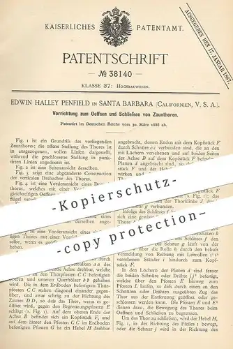 original Patent - Edwin Halley Penfield , Santa Barbara , California , USA , 1886 , Öffnen & Schließen von Zauntor | Tor