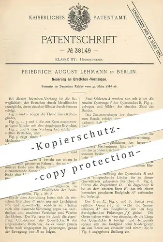 original Patent - Friedrich August Lehmann , Berlin , 1886 , Brettchen - Vorhang | Holz - Jalousie | Rollo | Zaun , Tor